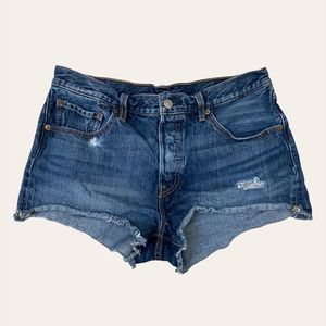 Levi Strauss 501 High Rise Distressed Dark Wash Denim Shorts